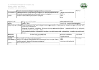 PLANIFICACIÓNDIARIA MES DE MAYODEL 2016
CURSO: CUARTO AÑO BÁSICO
VALOR DEL MES: CONOCIMIENTO
Se activan conocimientospreviospreguntandoque escucharon. Data
Poemaescritoenunahoja
Cuaderno
Lápiz
Goma
Poema?
DESARROLLO Desde el proyector transcriben las características, partes y componentes de
la poesía, conociendo además su forma de lectura y recitación.
CIERRE Se revisacada cuadernopara verificarel registro.
ASIGNATURA Lenguaje ycomunicación HORASPEDAGÓGICAS:2
Fecha Jueves 26/05 PROFESOR: ValeriaValenzuelaLeyton
Objetivode aprendizaje Reconocer y denominar las principales nociones gramaticales relacionadas con la oración simple, en función de la
expresión y comprensión.
Respetar los aspectos ortográficos, léxicos, semánticos, gramaticales básicos y de presentación, en los textos que
escriben en forma manuscrita o digital.
Leercomprensivamente diversostextosliterariosynoliterariosaplicando,flexiblemente,estrategiasde comprensión
lectora.
Momento
de la clase
ACTIVIDADES/DESCRIPCIÓN Recursos/materiales/
Consideraciones
Evaluación
INICIO Presentacióndel instrumentode evaluación. Lápiz
Goma
Instrumentode evaluación
Formativa
DESARROLLO Respondenenformaindependiente el instrumento de evaluación de lectura
complementaria “Bartolo y los cocodrilos Mágicos”
CIERRE Comentanlaevaluación.
 