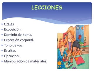  Orales 
 Exposición. 
 Dominio del tema. 
 Expresión corporal. 
 Tono de voz. 
 Escritas 
 Ejecución . 
 Manipulación de materiales. 
 