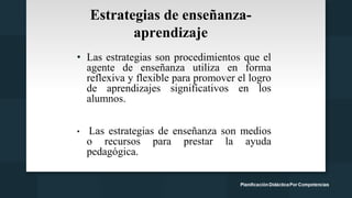 Estrategias de enseñanza-
aprendizaje
• Las estrategias son procedimientos que el
agente de enseñanza utiliza en forma
reflexiva y flexible para promover el logro
de aprendizajes significativos en los
alumnos.
• Las estrategias de enseñanza son medios
o recursos para prestar la ayuda
pedagógica.
 