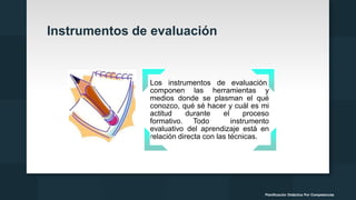 Instrumentos de evaluación
Los instrumentos de evaluación,
componen las herramientas y
medios donde se plasman el qué
conozco, qué sé hacer y cuál es mi
actitud durante el proceso
formativo. Todo instrumento
evaluativo del aprendizaje está en
relación directa con las técnicas.
Planificación Didáctica Por Competencias
 