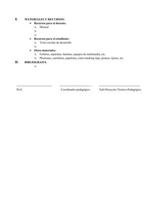 X. MATERIALES Y RECURSOS:
 Recursos para el docente:
 Manual


 Recursos para el estudiante:
 Texto escolar de desarrollo

 Otros materiales:
 Folletos, separatas, laminas, equipos de multimedia, etc.
 Plumones, cartulinas, papelotes, cinta masking tape, pizarra, tijeras, etc.
XI. BIBLIOGRAFIA

------------------------------------ ------------------------------- - ------------------------------------------
Prof. Coordinador pedagógico Sub-Dirección Técnico-Pedagógico
 