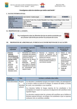 ESCUELA DE EDUCACIÓN SUPERIOR PEDAGÓGICA
PÚBLICO “TUPAC AMARU” – TINTA
PRÁCTICA PRE
PROFESIONAL 2024
“Investigamos sobre las siembras que realiza cada familia”
I. DATOS INFORMATIVOS:
I. E. N° José Gabriel Condorcanqui LUGAR Canas N° SESIÓN 1
DOCENTE DE AULA
DOCENTE
PRACTICANTE
Luz Karina Ccuito Soto, Seedorf Ronaldo Casa Colque, Lizeth Rojas Llalla, Gladis
Ttito Alarcon
AREA DPCC CICLO VI
NIVEL SECUNDARIA GRADOS Y SECCION 1° ABC
FECHA 01 AL 05 DE OCTUBRE DURACION 4 SEMANAS
N° DE ESTUDIANTES X N° NIÑAS X N° NIÑOS X
II. PROPÓSITO DE LA SESION:
III. PROPOSITOS DE APRENDIZAJE, EVIDENCIAS E INSTRUMENTOS DE EVALUACIÓN
Comunicación
Competencia/
capacidad
Aprendizajes regionales
clave
(Desempeño)
Criterios de evaluación Evidencias/ producto /
instrumento de
evaluación
 Convive y
participa
democráticament
e en la búsqueda
del bien común
- Interactúa con
todas las
personas.
- Participa en
acciones que
promueven el
bienestar común.
• Intercambia sus saberes
ancestrales de la siembra
mostrando respeto por el
avance de la ciencia.
• Propone uso de abonos
naturales por los
fertilizantes químicos
para reducir la situación
vulnerable de la salud de
los consumidores para
mejorar la salud.
 Reconoce la importancia de
promover la integración de las
personas a partir de sus saberes y
prácticas de la siembra.
 Intercambia sus saberes sobre las
técnicas de sembrío ancestral y el
uso de abonos naturales
 Elabora un texto
argumentativo
sobre las
experiencias la
convivencia en la
siembra técnicas de
siembra familiar.
 Expone sobre lo
averiguado ante sus
compañeros.
 Lista de
cotejo.
Enfoque
transversal
Valor Acciones o actitudes observables
Interculturalidad Respeto
a la
identidad
cultural.
Los docentes y estudiantes acogen con respeto a todos, sin menospreciar
ni excluir a nadie en razón de su lengua, su manera de hablar, su forma
de vestir, sus costumbres o sus creencias.
Los docentes hablan la lengua materna de los estudiantes y los
acompañan con respeto en su proceso de adquisición del castellano como
segunda lengua.
Los docentes respetan todas las variantes del castellano que se hablan en
distintas regiones del país, sin obligar a los estudiantes a que se expresen
oralmente solo en castellano estándar.
Hoy investigaremos sobre las diferentes técnicas de siembra ancestrales que
aún practican cada familia para sembrar los productos de la zona.
 
