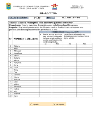ESCUELA DE EDUCACIÓN SUPERIOR PEDAGÓGICA
PÚBLICO “TUPAC AMARU” – TINTA
PRÁCTICA PRE
PROFESIONAL 2024
LISTA DE COTEJO
GRADO Y SECCIÓN 1° ABC FECHA 01 AL 05 DE OCTUBRE
Título de la sesión: “Investigamos sobre las siembras que realiza cada familia”
Competencia: Convive y participa democráticamente en la búsqueda del bien común
Propósito: Hoy investigaremos sobre las diferentes técnicas de siembra ancestrales que aún
practican cada familia para sembrar los productos de la zona.
N° NOMBRES Y APELLIDOS
CRITERIOS DE EVALUACIÓN
 Realiza acciones en el aula
para promover la integración
de todos, cumple sus deberes
y evalúa su participación en las
siembras de productos.
Intercambia sus saberes sobre las
técnicas de sembrío ancestral y el uso de
abonos naturales
SI NO SI NO
1 Adderly
2 Abel
3 Abraham
4 Jaquelinne
5 Keiko
6 Roberto
7 Victor
8 Nehymar
9 Berly
10 Erick
11 Rony
12 Flor
13 Damaris
14 Nicole
15 Yessica
16 Emil
17 Mateo
18 Shenilyn
19 Melisa
20 Max
21 Jhenifer
22 Harly
 