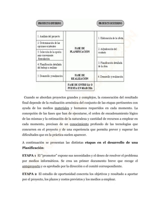 Cuando se abordan proyectos grandes y complejos, la consecución del resultado 
final depende de la realización armónica del conjunto de las etapas pertinentes con 
ayuda de los medios materiales y humanos requeridos en cada momento. La 
concepción de las fases que han de ejecutarse, el orden de encadenamiento lógico 
de las mismas y la estimación de la naturaleza y cantidad de recursos a emplear en 
cada momento, precisan de un conocimiento profundo de las tecnologías que 
concurren en el proyecto y de una experiencia que permita prever y superar las 
dificultades que en la práctica suelen aparecer. 
A continuación se presentan las distintas etapas en el desarrollo de una 
Planificación: 
ETAPA 1 El "promotor" expone sus necesidades y el deseo de resolver el problema 
por medios informáticos. Se crea un primer documento breve que recoge el 
anteproyecto y es aprobado por la dirección o el comité correspondiente. 
ETAPA 2 El estudio de oportunidad concreta los objetivos y resultado a aportar 
por el proyecto, los plazos y costes previstos y los medios a emplear. 
 