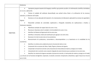 Asistencia.
OBJETIVOS
 Apropiarse progresivamente del lenguaje científico que permita acceder a la información científica iniciándose
en su uso y aplicación.
 Valorar el cuidado del ambiente desarrollando una actitud crítica frente a la utilización de los recursos
naturales y el deterioro del medio.
 Iniciarse en el uso adecuado del material y los instrumentos de laboratorio aplicando las normas de seguridad e
higiene.
 Desarrollar actitudes de curiosidad, exploración y búsqueda sistemática de explicaciones a hechos y
fenómenos naturales.
 Manifestar actitudes de respeto hacia los seres vivos.
 Reconocer relaciones entre la unidad y la diversidad de los seres vivos.
 Identificar los Niveles de Organización de los seres vivos.
 Identificar e interpretar criterios de clasificación para agrupar a los seres vivos.
 Reconocer el rol de los seres vivos en los ecosistemas.
 Reconocimiento de productores, consumidores y descomponedores y su importancia en la estabilidad de los
ecosistemas.
 Identificar a la célula como unidad estructural y funcional de todo ser vivo.
 Compresión de las nociones de Célula, Tejido, Órgano y Sistemas de órganos.
 Comprender la función de nutrición como mecanismo de intercambio de materia y energía con el medio.
 Interpretación de la nutrición como conjunto integrado de varias funciones que se producen en los seres vivos.
 Identificar los sistemas de órganos asociados al proceso de nutrición, al intercambio de materia y energía con el medio
y su vínculo con las funciones de digestión, respiración, circulación, excreción, transpiración y fotosíntesis, según el tipo de ser vivo de
que se trate.
 