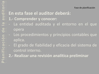Planificacióndelaauditoría
Fase de planificación
En esta fase el auditor deberá:
1.- Comprender y conocer:
- La entidad auditada y el entorno en el que
opera
- Los procedimientos y principios contables que
aplica.
- El grado de fiabilidad y eficacia del sistema de
control interno.
2.- Realizar una revisión analítica preliminar
 