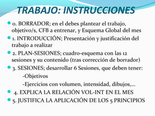 TRABAJO: INSTRUCCIONES
0. BORRADOR; en el debes plantear el trabajo,
objetivo/s, CFB a entrenar, y Esquema Global del mes
1. INTRODUCCIÓN; Presentación y justificación del
trabajo a realizar
2. PLAN-SESIONES; cuadro-esquema con las 12
sesiones y su contenido (tras corrección de borrador)
3. SESIONES; desarrollar 6 Sesiones, que deben tener:
-Objetivos
-Ejercicios con volumen, intensidad, dibujos,…
 4. EXPLICA LA RELACIÓN VOL-INT EN EL MES
5. JUSTIFICA LA APLICACIÓN DE LOS 5 PRINCIPIOS
 