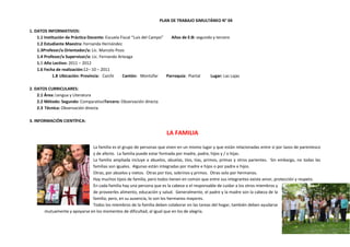 PLAN DE TRABAJO SIMULTÁNEO N° 04

1. DATOS INFORMATIVOS:
    1.1 Institución de Práctica Docente: Escuela Fiscal “Luis del Campo”   Años de E:B: segundo y tercero
    1.2 Estudiante Maestra: Fernanda Hernández
    1.3Profesor/a Orientador/a: Lic. Marcelo Pozo
    1.4 Profesor/a Supervisor/a: Lic. Fernando Arteaga
    1.5 Año Lectivo: 2011 – 2012
    1.6 Fecha de realización:12– 10 – 2011
             1.8 Ubicación: Provincia: Carchi     Cantón: Montúfar       Parroquia: Piartal   Lugar: Las Lajas

2. DATOS CURRICULARES:
    2.1 Área: Lengua y Literatura
    2.2 Método: Segundo: ComparativoTercero: Observación directa
    2.3 Técnica: Observación directa

3. INFORMACIÓN CIENTÍFICA:

                                                                       LA FAMILIA

                              La familia es el grupo de personas que viven en un mismo lugar y que están relacionadas entre sí por lazos de parentesco
                              y de afecto. La familia puede estar formada por madre, padre, hijos y / o hijas.
                              La familia ampliada incluye a abuelos, abuelas, tíos, tías, primos, primas y otros parientes. Sin embargo, no todas las
                              familias son iguales. Algunas están integradas por madre e hijos o por padre e hijos.
                              Otras, por abuelos y nietos. Otras por tíos, sobrinos y primos. Otras solo por hermanos.
                              Hay muchos tipos de familia, pero todos tienen en común que entre sus integrantes existe amor, protección y respeto.
                              En cada familia hay una persona que es la cabeza o el responsable de cuidar a los otros miembros y
                              de proveerles alimento, educación y salud. Generalmente, el padre y la madre son la cabeza de la
                              familia; pero, en su ausencia, lo son los hermanos mayores.
                              Todos los miembros de la familia deben colaborar en las tareas del hogar, también deben ayudarse
       mutuamente y apoyarse en los momentos de dificultad, al igual que en los de alegría.
 