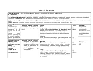 PLANIFICACIÓN DE CLASE. 
Unidad de aprendizaje: “Hacia una historia Global: El mundo en la segunda mitad del siglo XX” Nivel: 1°medio 
Nº de Estudiantes: 
Unidad: Hacia una historia Global: El mundo en la segunda mitad del siglo XX 
OFT: Desarrollo del pensamiento: “Desarrollar habilidades comunicativas (exposición coherente y fundamentada de ideas, opiniones, convicciones, sentimientos y 
experiencias)”. De Formación ética: “Fomentar el respeto y defensa de la igualdad de derechos esenciales de todas la s personas” 
OFV: “Conocer los rasgos fundamentales y los procesos principales de cada uno de los períodos de la historia de Occidente, identifi cando elementos de continuidad y 
cambio.” 
Objetivo de la clase: Comprender y analizar la gestación de los procesos dictatoriales en Latinoamérica en las décadas de 1960 y 1970.” 
Fecha de aplicación: 
C.M.O 
Aprendizaje Esperado Programa. 
Actividad 
-Transformaciones 
Revoluciones y Dictaduras en 
Inicio: 
sociales, políticas y 
Latinoamérica y otras partes del 
Entrega de la guía “Dictaduras Latinoamericanas” que se realizara 
económicas de la 
mundo. 
al termino de la clase. Clase expositiva con participación de los 
segunda mitad del siglo 
alumnos. Introducción al tema, vinculando la clase pasada 
XX. 
(neoliberalismo) con la nueva temática a trabajar (dictaduras en 
-Nuevos actores 
Latinoamérica) realizando preguntas a los alumnos sobre esta. 
políticos que surgen en 
el escenario mundial a 
Motivación. 
partir de la dinámica de 
Revisar un extracto del documental “La doctrina del Shock”, para 
la guerra fría. 
luego ser analizado por los estudiantes de forma oral. 
Desarrollo: 
Clase expositiva, revisar aspectos generales de las dictaduras 
latinoamericanas y los cambios políticos, sociales y económicos 
que esas produjeron, Analizando junto a los alumnos distintas 
fuentes. Analizar a modo general el caso de dictadura en chile. 
Cierre: 
Los alumnos realizan los 3 item (Preguntas de alternativas, 
análisis de imagen y preguntas de refleccion) de la guía 
“Dictaduras Latinoamericanas” en donde se contempla la materia 
expuesta durante la clase , como también el análisis del extracto 
del documental. 
. 
Tiempo 
20 
minutos 
15 
minutos 
30 
minutos 
25 
minutos. 
Habilidades. 
-Integración de 
información de de 
diversas fuentes. 
-Argumentación de una 
posición propia ante 
procesos y problemas 
sociales. 
Contenidos temáticos. 
-Dictadura Militar 
-Golpe de Estado 
-Doctrina de seguridad 
nacional 
-Escuela de las 
Américas 
-Alianza por el 
progreso 
-Operación Cóndor 
Aprendizaje esperado de la clase. 
Comprender en qué consiste 
las dictaduras y en qué 
contexto se producen estas, 
además de relacionarlas (en 
especial en el caso chileno) con 
el surgimiento del 
neoliberalismo. 
Materiales. 
Data. 
Guia. 
 