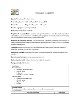 PLANIFICACIÓN DE GEOGRAFÍA
Escuela: PrimariaJosefinaOsunaPérez
Periodode aplicación:Del 18 de Mayo a 29 de Mayo de 2015
Grado: 6°B Asignatura: Geografía Bloque:V
Maestro de grupo: Isaac RodríguezEstrada
Practicante: ElizabethLópezEstrada
Propósitos de Educación Básica: Movilizar conceptos,habilidades y actitudes en situaciones de la
vidacotidianaparaasumirse comoparte del espaciogeográfico,valorarladiversidadnatural,social,
cultural y económica, y fortalecer la identidad nacional.
Propósitos de Educación Primaria: Adquirir conceptos, habilidades y actitudes para construir la
identidadnacional mediante elreconocimientode ladiversidadnatural,social,culturalyeconómica
del espacio geográfico.
Contenido:Factoresque incidenenlacalidadde vidade la poblaciónenel mundo:bienestar,
seguridad,pazsocial,tiempolibre,entreotros.
Aprendizaje esperado:Reconoce factoresque incidenenlacalidadde vidade la poblaciónenel
mundo.
Competencias:Participaciónenel espaciodondese vive
Eje temático:Calidadde vida,ambiente yPrevenciónde desastres
Tiempoestimado: 45 minutos
Materiales:
Para el docente:
- Programa de estudios2011
- Librode texto
- Imágenes
- Carta de unfamiliarde EEUU
Para el alumno:
- Cuaderno,plumay/olápiz
- Librode texto
- Mapamundi
- Colores
Actividad previa:
De tarease lespediráunmapamundi cono sinnombre ycoloresa cada
unode losniños.
Secuencia didáctica Evaluación
 