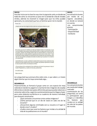 INICIO:
Para dar inicioconla clase lesvoya leerlasiguiente carta,endonde nos
habla de cómo se encuentra un poco de la calidad de vida de Estados
Unidos, además les mostraré la imagen para que los niños puedan
apreciarla, les comentaré que fue un familiar quien me lo mandó:
Les preguntaré que piensan ellos sobre esto, o que saben y si tienen
algún familiar que les haya comentado algo…
DESARROLLO:
Posteriormente, se formará el grupo como en una especie de mesa
redonda en donde les pegaré en el pintarróndos imágenes de escuelas
diferentesendonde seanpaísesdiferentesparaque puedanobservary
comentarsobre ellas,segúnloscuestionamientosque lesllegue ahacer,
pero antes deberán escribirlas en su cuaderno de manera individual,
para después socializarlas:
- ¿Qué contrastes encuentran entre ambas imágenes?
- ¿Cómo piensan que es un día de clases en cada una de las
escuelas?
- ¿Encuentran algunas similitudes con su escuela o el lugar en
donde viven? ¿Cuáles?
- ¿Cuáles creen que sean los factores que incidan a la calidad de
vida de las poblaciones en el mundo?
INICIO:
Se evaluaráal alumno
por medio de un
registro anecdótico,
en donde se tomará
en cuenta:
-Los conocimientos
previos.
- Participación
- Disponibilidad
- Conducta
DESARROLLO:
Se evaluaráal alumno
por mediodel trabajo
realizado
(contestación de las
preguntas), así como
la participación que
tengan y si identifica
los factores que
inciden en la calidad
de vida de los países
del mundo.
 