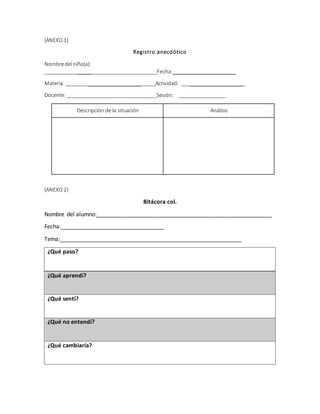 (ANEXO1)
Registro anecdótico
Nombredel niño(a):
________________________________________Fecha:______________________
Materia: ________________________________Actividad: _______________________
Docente: ________________________________Sesión: _________________
Descripción de la situación Análisis
(ANEXO2)
Bitácora col.
Nombre del alumno:________________________________________________________
Fecha:_________________________________
Tema:__________________________________________________________
¿Qué paso?
¿Qué aprendí?
¿Qué sentí?
¿Qué no entendí?
¿Qué cambiaría?
 