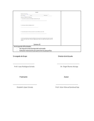 (anexo 2)
Anticipandodificultades:
- Se requieramástiempodel estimado
- Faltade motivaciónporparte de lospequeños
Encargado de Grupo Director de la Escuela
__________________________ ___________________________
Profr. Isaac RodríguezEstrada Dir. Ángel Álvarez Astorga
Practicante Asesor
_____________________________ ___________________________
Elizabeth López Estrada Profr. Victor ManuelSandovalCeja
 