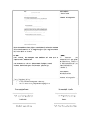 Intercambiaremoslashojasparaque entre elloslorevisenmientras
socializamos cadaunade laspreguntas,paraque si algunoendado
caso tiene duda se aclaren.
CIERRE:
Para finalizar, les entregaré una bitácora col para que se
autoevalúen y me evalúen.
Si es necesariose haráuna retroalimentaciónparaque los
alumnosrealmentelogrenadquiriresosaprendizajes.
Instrumento:
Coevaluación
Técnica: Interrogatorio
CIERRE:
Se realizará una
autoevaluación por parte
de los alumnos,paraver si
es necesario realizar una
retroalimentación.
(ANEXO 2)
Instrumento:
Autoevaluación
Técnica: Interrogatorio
Anticipandodificultades:
- Se requieramástiempodel estimado
- Faltade motivaciónporparte de lospequeños
Encargadode Grupo Director de la Escuela
__________________________ ___________________________
Profr. Isaac RodríguezEstrada Dir. Ángel Álvarez Astorga
Practicante Asesor
_____________________________ ___________________________
Elizabeth López Estrada Profr. Victor ManuelSandovalCeja
 