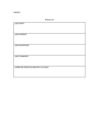 ANEXO2
Bitácora col
¿QUÉ SENTÍ?
¿QUÉ APRENDÍ?
¿QUÉ NOENTENDÍ?
¿QUÉ CAMBIARÍA?
¿CÓMO ME PARECIÓLA MAESTRA Y LA CLASE?
 