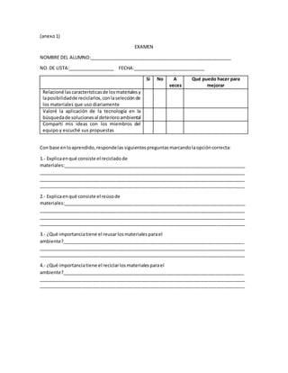 (anexo1)
EXAMEN
NOMBRE DEL ALUMNO:_______________________________________________________
NO.DE LISTA:__________________ FECHA:____________________________
Si No A
veces
Qué puedo hacer para
mejorar
Relacioné lascaracterísticasde losmaterialesy
laposibilidadde reciclarlos,conlaselecciónde
los materiales que uso diariamente
Valoré la aplicación de la tecnología en la
búsquedade solucionesal deterioroambiental
Compartí mis ideas con los miembros del
equipo y escuché sus propuestas
Con base enloaprendido,respondelas siguientespreguntasmarcandolaopcióncorrecta:
1.- Explicaenqué consiste el recicladode
materiales:_______________________________________________________________________
________________________________________________________________________________
________________________________________________________________________________
________________________________________________________________________________
2.- Explicaenqué consiste el reúsode
materiales:_______________________________________________________________________
________________________________________________________________________________
________________________________________________________________________________
________________________________________________________________________________
3.- ¿Qué importanciatiene el reusarlosmaterialesparael
ambiente?_______________________________________________________________________
________________________________________________________________________________
________________________________________________________________________________
4.- ¿Qué importanciatiene el reciclarlosmaterialesparael
ambiente?_______________________________________________________________________
________________________________________________________________________________
________________________________________________________________________________
 