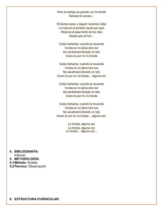 Pero el castigo es grande, es mi herida
                                    Siempre te amare…

                           El tiempo pasa, y siguen nuestras vidas
                            La rosa en el pantano igual que ayer
                               Observa el paso lento de los días
                                     Desde que se fue…

                            Cada mañanita, cuando te recuerde
                               Vivirás en mi alma otra vez
                              No escatimare llorarte un rato
                                Como tú por mí, lo hiciste

                            Cada mañanita, cuando te recuerde
                               Vivirás en mi alma otra vez
                              No escatimare llorarte un rato
                           Como tú por mí, lo hiciste… alguna vez

                            Cada mañanita, cuando te recuerde
                               Vivirás en mi alma otra vez
                              No escatimare llorarte un rato
                                Como tú por mí, lo hiciste

                            Cada mañanita, cuando te recuerde
                                Vivirás en mi alma otra vez
                              No escatimare llorarte un rato
                           Como tú por mí, lo hiciste… alguna vez.

                                    Lo hiciste, alguna vez
                                    Lo hiciste, alguna vez
                                  Lo hiciste… alguna vez…




4. BIBLIOGRAFÍA:
    Internet
5. METODOLOGÍA:
5.1 Método: Kodaly
5.2 Técnica: Observación




6. ESTRUCTURA CURRICULAR:
 