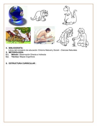 4. BIBLIOGRAFÍA:
   Libros del ministerio de educación: Entorno Natural y Social – Ciencias Naturales
5. METODOLOGÍA:
5.1. Método: Observación Directa e Indirecta
5.2. Técnica: Mapas Cognitivos


6. ESTRUCTURA CURRICULAR :
 