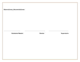 Observaciones y Recomendaciones:




…………………………………..                    …………………………………………..      …………………………………………

            Estudiante/ Maestro                 Director             Supervisor/a
 