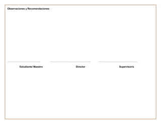 Observaciones y Recomendaciones:




…………………………………..                    …………………………………………..    …………………………………………

         Estudiante/ Maestro                  Director           Supervisor/a
 