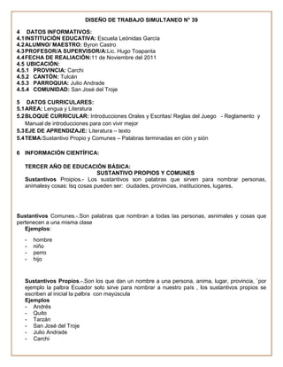 DISEÑO DE TRABAJO SIMULTANEO N° 39

4 DATOS INFORMATIVOS:
4.1 INSTITUCIÓN EDUCATIVA: Escuela Leónidas García
4.2 ALUMNO/ MAESTRO: Byron Castro
4.3 PROFESOR/A SUPERVISOR/A:Lic. Hugo Toapanta
4.4 FECHA DE REALIACIÓN:11 de Noviembre del 2011
4.5 UBICACIÓN:
4.5.1 PROVINCIA: Carchi
4.5.2 CANTÓN: Tulcán
4.5.3 PARROQUIA: Julio Andrade
4.5.4 COMUNIDAD: San José del Troje

5 DATOS CURRICULARES:
5.1 AREA: Lengua y Literatura
5.2 BLOQUE CURRICULAR: Introducciones Orales y Escritas/ Reglas del Juego - Reglamento y
    Manual de introducciones para con vivir mejor
5.3 EJE DE APRENDIZAJE: Literatura – texto
5.4 TEMA:Sustantivo Propio y Comunes – Palabras terminadas en ción y sión

6 INFORMACIÓN CIENTÍFICA:

   TERCER AÑO DE EDUCACIÓN BÁSICA:
                               SUSTANTIVO PROPIOS Y COMUNES
   Sustantivos Proipios.- Los sustantivos son palabras que sirven para nombrar personas,
   animalesy cosas: lsq cosas pueden ser: ciudades, provincias, instituciones, lugares.




Sustantivos Comunes.-.Son palabras que nombran a todas las personas, asnimales y cosas que
pertenecen a una misma clase
   Ejemplos:
   -   hombre
   -   niño
   -   perro
   -   hijo


   Sustantivos Propios.-.Son los que dan un nombre a una persona, anima, lugar, provincia, `por
   ejemplo la palbra Ecuador solo sirve para nombrar a nuestro país , los sustantivos propios se
   escriben al inicial la palbra con mayúscula
   Ejemplos
   - Andrés
   - Quito
   - Tarzán
   - San José del Troje
   - Julio Andrade
   - Carchi
 