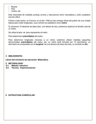 -   Brazos
   -   Pies
   -   Codos, etc.
   Esta diversidad de medidas produje errores y discusiones entre mercaderes y todo ciudadano
   que las utilice
   Frente a este hecho, en Francia, en el año 1799 se hizo entrega oficial del patrón de una unidad
   básica para medir longitudes, cuoy nombre se establecio como metro
   Si ubicamos 10 decenas de base diez, una detras de otra, podremos observar el tamaño real de
   un metro
   Se utiliza la letra m para representar el metro
   Para determinar submúltiplos del metro
   Para determinar longitudes menores a un metro, podemos utilizar medidas pequeñas
   denominadas submúltiplos del metro; así, un metro está formado por 10 decímetros, un
   decímetro es comparable con la longitud de una decena de base dos diez, su símbolo es dm.




4 BIBLIOGRAFÍA:
Libros del ministerio de educación: Matemática
5 METODOLOGÍA:
9.1. Método: Inductivo
9.2. Técnica: Experimentación




6 ESTRUCTURA CURRICULAR:
 