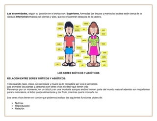 Las extremidades, según su posición en el tronco son: Superiores, formadas por brazos y manos las cuáles están cerca de la
cabeza; Inferioresformadas por piernas y pies, que se encuentran después de la cadera.




                                               LOS SERES BIÓTICOS Y ABIÓTICOS

RELACIÓN ENTRE SERES BIÓTICOS Y ABIÓTICOS:

Todo cuando nace, crece, se reproduce y muere se lo considera ser vivo o ser biótico
Los animales las plantas y personas son seres vivos es decir que tienen vida
Pensemos por un momento, en un árbol y en una montaña aunque ambos forman parte del mundo natural además son importantes
para la naturaleza, el árbol puede alimentarse y dar fruto, mientras que la montaña no.

Los seres vivos tienen en común que podemos realizar las siguientes funciones vitales de:

    Nutrirse
    Reproducción
    Relación
 