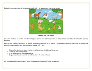 Estás funciones garantizan la conservación de la vida y de la espacie a lo largo del tiempo




                                                      ELEMENTOS ABIÓTICOS

Los seres abióticos en cambio son elementos para que los eres bióticos cumplan su ciclo vital por lo cuál son denominados factores
abióticos.

En el mundo natural la existencia de plantas, animales y personas se da gracias a los elementos abióticos los cuales no tienen vida
pero son indispensables para que otros seres puedan vivir y son:


       El suelo (tierra, piedras, arena monte, montañas y minerales) donde habitamos
       El aire (es el que respiramos)
       La luz solar que nos alumbra y calienta
       El agua (ríos, lagos, nevados, de la lluvia, mar y de zonas heladas)



Por lo cual existe una relación entre seres vivos y elementos abióticos como por ejemplo
 