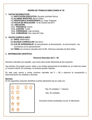 DISEÑO DE TRABAJO SIMULTANEO N° 20

1. DATOS INFORMATIVOS:
     1.1. INSTITUCIÓN EDUCATIVA: Escuela Leónidas García
     1.2. ALUMNO/ MAESTRO: Byron Castro
     1.3. PROFESOR/A SUPERVISOR/A:Lic. Hugo Toapanta
     1.4. FECHA DE REALIACIÓN: 10 de Octubre del 2011
     1.5. UBICACIÓN:
     1.5.1. PROVINCIA: Carchi
     1.5.2. CANTÓN: Tulcán
     1.5.3. PARROQUIA: Julio Andrade
     1.5.4. COMUNIDAD: San José del Troje

2. DATOS CURRICULARES:
     2.1. AREA: Matemática
     2.2. BLOQUE CURRICULAR: Numérico
     2.3. EJE DE APRENDIZAJE: El razonamiento, la demostración , la comunicación , las
          conexiones y/o la representación
     2.4. TEMA:Los números naturales del 0 al 99 , Números naturales de Seis Cifras

3. INFORMACIÓN CIENTÍFICA:

                                  Números Naturales del 0 – 99

Números naturales son aquellos que sirven para contar elementos de los conjuntos

Hay infinitos. Se pueden sumar, restar y con ambas operaciones el resultado es, en todos los casos,
un número natural. Sin embargo, no siempre pueden restarse

En este caso vamos a contar números naturales del 0 – 99 y observar la composición y
descomposición de unidades y decenas.

Ejemplo:
En los siguientes conjuntos identificar cuantos elementos hay en cada uno



                                                Hay 10 unidades = 1 decena

                                                 Hay 02 unidades

               v
                                         Sumando ambas cantidades nos da 12 elementos
        v      v


        v      v
 