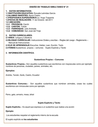 DISEÑO DE TRABAJO SIMULTANEO N° 21

1. DATOS INFORMATIVOS:
1.1 INSTITUCIÓN EDUCATIVA: Escuela Leónidas García
1.2 ALUMNO/ MAESTRO: Byron Castro
1.3 PROFESOR/A SUPERVISOR/A:Lic. Hugo Toapanta
1.4 FECHA DE REALIACIÓN: 11 de Octubre del 2011
1.5 UBICACIÓN:
1.5.1 PROVINCIA: Carchi
1.5.2 CANTÓN: Tulcán
1.5.3 PARROQUIA: Julio Andrade
1.5.4 COMUNIDAD: San José del Troje

2. DATOS CURRICULARES:
2.1 AREA: Lengua y Literatura
2.2 BLOQUE CURRICULAR: Instrucciones Orales y escritas – Reglas del Juego - Reglamento –
    Manual de Instrucciones
2.3 EJE DE APRENDIZAJE:Escuchar, Hablar, Leer, Escribir, Texto
2.4 TEMAS:Sustantivos propios – comunes Sujeto Explícito y Tácito

3. INFORMACIÓN CIENTÍFICA:


                                    Sustantivos Propios – Comunes

Sustantivos Propios.- Son aquellos sustantivos que escribimos con mayúsculas como por ejemplo:
nombres de personas, ciudades, países, animales, etc.

Ejemplos:

Andrés, Tarzán, Quito, Castro, Ecuador



Sustantivos Comunes.- Son aquellos sustantivos que nombran animales, cosas los cuales
escribimos con minúsculas como por ejemplo:



Perro, gato, armario, mesa, árbol



                                         Sujeto Explícito y Tácito

Sujeto Explícito.- Es aquel que expresa a un sustantivo que realiza una acción

Ejemplo:

Los estudiantes respetan el reglamento interno de la escuela

El sujeto explícito es los estudiantes
 