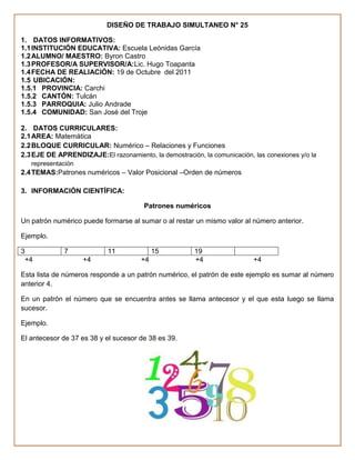 DISEÑO DE TRABAJO SIMULTANEO N° 25

1. DATOS INFORMATIVOS:
1.1 INSTITUCIÓN EDUCATIVA: Escuela Leónidas García
1.2 ALUMNO/ MAESTRO: Byron Castro
1.3 PROFESOR/A SUPERVISOR/A:Lic. Hugo Toapanta
1.4 FECHA DE REALIACIÓN: 19 de Octubre del 2011
1.5 UBICACIÓN:
1.5.1 PROVINCIA: Carchi
1.5.2 CANTÓN: Tulcán
1.5.3 PARROQUIA: Julio Andrade
1.5.4 COMUNIDAD: San José del Troje

2. DATOS CURRICULARES:
2.1 AREA: Matemática
2.2 BLOQUE CURRICULAR: Numérico – Relaciones y Funciones
2.3 EJE DE APRENDIZAJE:El razonamiento, la demostración, la comunicación, las conexiones y/o la
     representación
2.4 TEMAS:Patrones numéricos – Valor Posicional –Orden de números

3. INFORMACIÓN CIENTÍFICA:

                                       Patrones numéricos

Un patrón numérico puede formarse al sumar o al restar un mismo valor al número anterior.

Ejemplo.

3              7           11              15          19
    +4                +4              +4               +4                 +4

Esta lista de números responde a un patrón numérico, el patrón de este ejemplo es sumar al número
anterior 4.

En un patrón el número que se encuentra antes se llama antecesor y el que esta luego se llama
sucesor.

Ejemplo.

El antecesor de 37 es 38 y el sucesor de 38 es 39.
 
