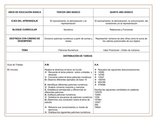 AÑOS DE EDUCACIÓN BÁSICA                TERCER AÑO BÁSICO                                    QUINTO AÑO BÁSICO


    EJES DEL APRENDIZAJE           El razonamiento, la demostración y la       El razonamiento, la demostración, la comunicación, las
                                             representación                              conexiones y/o la representación

     BLOQUE CURRICULAR                          Numérico                                      Relaciones y Funciones



  DESTREZA CON CRIERIO DE   Construir patrones numéricos a partir de sumas y    Representar números de seis cifras como la suma de
        DESEMPEÑO                                restas                               los valores posicionales de sus dígitos



             TEMA                          Patrones Numéricos                           Valor Posicional – Orden de números

                                                DISTRIBUCIÓN DE TAREAS



Guía de Trabajo             A.M.                                               A.A.

60 minutos                  Realice la dinámica el barco se hunde                 Resuelva las siguientes descomposiciones
                             Recuerde el tema anterior sobre unidades y          14589
                               decenas                                            14789
                             Converse sobre el tema patrones numéricos           12547
                            O. Observe diferentes ejemplos de base 10             158765
                                                                                  654789
                            E. Identifique diferentes patrones numéricos          478598
                             Analice números mayores y menores
                            C. Establezca semejanzas y diferencias en          Escriba las siguientes cantidades en palabras
                            diferentes patrones                                125478
                            A. Grafique patrones numéricos                     15489
                             Sintetice la secuencia de patrones numéricos     1256
                            G. Determine una conclusión sobre el tema de       147891
                            estudio                                            12547
                                                                               256
                             Refuerce sus conocimientos a- través de          18954
                              ejercicios.
                             Grafique los siguientes patrones numéricos
 