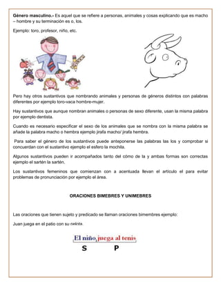 Género masculino.- Es aquel que se refiere a personas, animales y cosas explicando que es macho
– hombre y su terminación es o, los.

Ejemplo: toro, profesor, niño, etc.




Pero hay otros sustantivos que nombrando animales y personas de géneros distintos con palabras
diferentes por ejemplo toro-vaca hombre-mujer.

Hay sustantivos que aunque nombran animales o personas de sexo diferente, usan la misma palabra
por ejemplo dentista.

Cuando es necesario especificar el sexo de los animales que se nombra con la misma palabra se
añade la palabra macho o hembra ejemplo jirafa macho/ jirafa hembra.

 Para saber el género de los sustantivos puede anteponerse las palabras las los y comprobar si
concuerdan con el sustantivo ejemplo el esfero la mochila.

Algunos sustantivos pueden ir acompañados tanto del cómo de la y ambas formas son correctas
ejemplo el sartén la sartén.

Los sustantivos femeninos que comienzan con a acentuada llevan el artículo el para evitar
problemas de pronunciación por ejemplo el área.



                               ORACIONES BIMEBRES Y UNIMEBRES



Las oraciones que tienen sujeto y predicado se llaman oraciones bimembres ejemplo:

Juan juega en el patio con su pelota.
 