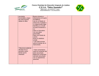 • Lee textos
funcionales y sigue
las instrucciones
dadas en ellos.
• Busca números o
direcciones en la guía
de teléfono.
• Lee en un listado el
precio de un pasaje a
un determinado lugar.
• Identifica si un local
es para fumadores o
no.
• Llena un formulario
con sus datos
personales.
• Hace una receta de
cocina.
• Arma un artefacto
simple.
• Lee instrucciones
para el manejo de un
instrumento.
• Reconoce palabras
del título de un
periódico sobre
temas que le
interesan.
• Hace comentarios
sobre el contenido del
texto escuchado.
• Relaciona contenidos
del texto escuchado
con su experiencia
personal.
 