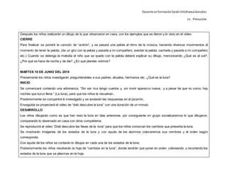 Docente enformaciónSarahi VillafrancaGonzález
Lic . Preescolar
Después los niños realizarán un dibujo de lo que observaron en casa, con los ejemplos que se dieron y lo visto en el video.
CIERRE
Para finalizar se pondrá la canción de “acitrón”, y se pasará una pelota al ritmo de la música, haciendo diversos movimientos al
momento de tener la pelota, (da un giro con la pelota y pasarla a mi compañero, aventar la pelota, cacharla y pasarla a mi compañero
etc.) Cuando se detenga la melodía el niño que se quedo con la pelota deberá explicar su dibujo, mencionando ¿Qué es el sol?,
¿Por qué se hace de noche y de día? ¿En qué planeta vivimos?
MARTES 10 DE JUNIO DEL 2014
Previamente los niños investigarán preguntándoles a sus padres, abuelos, hermanos etc. ¿Qué es la luna?
INICIO
Se comenzará contando una adivinanza, “Sin ser rica tengo cuartos y, sin morir aparezco nueva; y a pesar de que no como, hay
noches que luzco llena.” (La luna), para que los niños la resuelvan..
Posteriormente se compartirá lo investigado y se anotarán las respuestas en el pizarrón,
Enseguida se proyectará el video de “doki descubre la luna” con una duración de un minuto.
DESARROLLO
Los niños dibujarán como es que han visto la luna en días anteriores, por consiguiente en grupo socializaremos lo que dibujaron,
comparando lo observado en casa con otros compañeros.
Se reproducirá el video “Doki descubre las fases de la luna” para que los niños conozcan los cambios que presenta la luna.
Se mostrarán imágenes de los estados de la luna y con ayuda de los alumnos colocaremos sus nombres y el orden según
corresponda.
Con ayuda de los niños se contarán lo dibujos en cada una de los estados de la luna,
Posteriormente los niños resolverán la hoja de “cambios en la luna”, donde tendrán que poner en orden coloreando y recortando los
estados de la luna que se plasmas en la hoja.
 