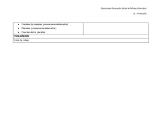 Docente enformaciónSarahi VillafrancaGonzález
Lic . Preescolar
 Carteles de planetas (previamente elaborados)
 Planetas (previamente elaborados)
 Canción de los planetas
EVALUACION
Lista de cotejo
 