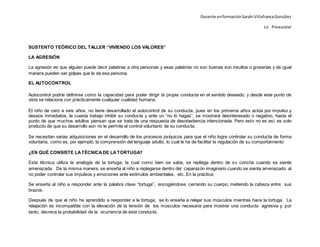 Docente enformaciónSarahi VillafrancaGonzález
Lic . Preescolar
SUSTENTO TEÓRICO DEL TALLER “VIVIENDO LOS VALORES”
LA AGRESIÓN
La agresión es que alguien puede decir palabras a otra personas y esas palabras no son buenas son insultos o groserías y de igual
manera pueden ser golpes que le da esa persona.
EL AUTOCONTROL
Autocontrol podría definirse como la capacidad para poder dirigir la propia conducta en el sentido deseado, y desde este punto de
vista se relaciona con prácticamente cualquier cualidad humana.
El niño de cero a seis años, no tiene desarrollado el autocontrol de su conducta, pues en los primeros años actúa por impulso y
deseos inmediatos, le cuesta trabajo inhibir su conducta y ante un “no lo hagas”, se mostrará desinteresado o negativo, hasta el
punto de que muchos adultos piensan que se trata de una respuesta de desobediencia intencionada. Pero esto no es así, es solo
producto de que su desarrollo aún no le permite el control voluntario de su conducta.
Se necesitan varias adquisiciones en el desarrollo de los procesos psíquicos para que el niño logre controlar su conducta de forma
voluntaria, como es, por ejemplo, la comprensión del lenguaje adulto, lo cual le ha de facilitar la regulación de su comportamiento
¿EN QUÉ CONSISTE LATÉCNICADE LATORTUGA?
Esta técnica utiliza la analogía de la tortuga, la cual como bien se sabe, se repliega dentro de su concha cuando se siente
amenazada. De la misma manera, se enseña al niño a replegarse dentro del caparazón imaginario cuando se sienta amenazado, al
no poder controlar sus impulsos y emociones ante estímulos ambientales, etc. En la práctica:
Se enseña al niño a responder ante la palabra clave “tortuga”, encogiéndose, cerrando su cuerpo, metiendo la cabeza entre sus
brazos.
Después de que el niño ha aprendido a responder a la tortuga, se lo enseña a relajar sus músculos mientras hace la tortuga. La
relajación es incompatible con la elevación de la tensión de los músculos necesaria para mostrar una conducta agresiva y, por
tanto, decrece la probabilidad de la ocurrencia de esta conducta.
 