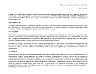 Docente enformaciónSarahi VillafrancaGonzález
Lic . Preescolar
Enseña al niño a utilizar las técnicas de solución de problemas para evaluar las distintas alternativas para manejar la situación que
le ha llevado a hacer la tortuga. Esta tercera parte de la secuencia TORTUGA-RELAJACION- SOLUCION DE PROBLEMAS se
puede enseñar de distintas formas, en un grupo de discusión, contando una historia, modelando, haciendo role-playing y con
refuerzo directo, etc.
LAS CONDUCTAS
A conducta está relacionada a la modalidad que tiene una persona para comportarse en diversos ámbitos de su vida. Esto quiere
decir que el término puede emplearse como sinónimo de comportamiento, ya que se refiere a las acciones que desarrolla un sujeto
frente a los estímulos que recibe y a los vínculos que establece con su entorno.
LOS VALORES
Los valores son principios que nos permiten orientar nuestro comportamiento en función de realizarnos como personas. Son
creencias fundamentales que nos ayudan a preferir, apreciar y elegir unas cosas en lugar de otras, o un comportamiento en lugar de
otro. También son fuente de satisfacción y plenitud. Nos proporcionan una pauta para formular metas y propósitos, personales o
colectivos. Reflejan nuestros intereses, sentimientos y convicciones más importantes.
Los valores se refieren a necesidades humanas y representan ideales, sueños y aspiraciones, con una importancia independiente de
las circunstancias. Por ejemplo, aunque seamos injustos la justicia sigue teniendo valor. Lo mismo ocurre con el bienestar o la
felicidad. Los valores valen por sí mismos. Son importantes por lo que son, lo que significan, y lo que representan, y no por lo que se
opine de ellos.
EL RESPETO
Podríamos pensar que faltar al respeto es simplemente tener malos modales. Claro, hablar con la boca llena, presentarnos sucios a
la escuela o el trabajo, o empujar a los otros para pasar son conductas irrespetuosas. Sin embargo, significan poco en comparación
con las verdaderas faltas de respeto: tocar a alguien sin su consentimiento; burlarnos de una religión, de un trabajo o una forma de
vida diferente a la nuestra, querer utilizar a los demás como medios para nuestros planes, abusar de quienes están en desventaja
(los ancianos, las personas enfermas, los niños muy pequeños, los animales). Debes evitarlo siempre. A veces la mejor forma es
seguir las reglas. Pero pensar siempre “debo hacer esto”, “no debo hacer lo otro” es solo el primer paso. El gran progreso en la
búsqueda del respeto no está en la inteligencia, sino en el corazón: el amor a los demás sirve de guía e inspiración para cuidarlos y
honrarlos por formar parte de la vida.
 