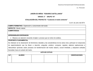 Docente enformaciónSarahi VillafrancaGonzález
Lic . Preescolar
JARDÍN DE NIÑOS: “ROSARIO CASTELLANOS”
GRADO: 3° GRUPO:”B”
EVALUACIÓN DEL PROYECTO “Cuidando el medio ambiente”
2 al 6 de Junio del 2014
CAMPO FORMATIVO: Exploración y conocimiento del mundo
ASPECTO: Mundo natural
COMPETENCIA:
APRENDIZAJES ESPERADOS
 Observa con atención creciente el objeto o proceso que es motivo de análisis.
PROPÓSITO FUNDAMENTAL
Se interesen en la observación de fenómenos naturales y las características de los seres vivos; participen en situaciones
de experimentación que los lleven a describir, preguntar, predecir, comparar, registrar, elaborar explicaciones e
intercambiar opiniones sobre procesos de transformación del mundo natural y social inmediato, y adquieran actitudes
favorables hacia el cuidado del medio.
LISTADE COTEJO
N.P ALUMNO OBSERVACIONES
 