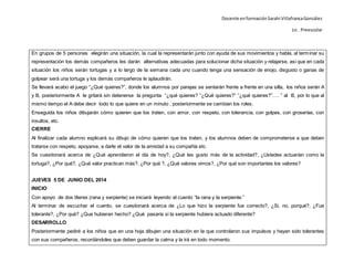 Docente enformaciónSarahi VillafrancaGonzález
Lic . Preescolar
En grupos de 5 personas elegirán una situación, la cual la representarán junto con ayuda de sus movimientos y habla, al terminar su
representación los demás compañeros les darán alternativas adecuadas para solucionar dicha situación y relajarse, así que en cada
situación los niños serán tortugas y a lo largo de la semana cada uno cuando tenga una sensación de enojo, disgusto o ganas de
golpear será una tortuga y los demás compañeros le aplaudirán.
Se llevará acabo el juego “¿Qué quieres?”, donde los alumnos por parejas se sentarán frente a frente en una silla, los niños serán A
y B, posteriormente A le gritará sin detenerse la pregunta “¿qué quieres? “¿Qué quieres?” “¿qué quieres?”…. ” al B, por lo que al
mismo tiempo el A debe decir todo lo que quiere en un minuto , posteriormente se cambian los roles.
Enseguida los niños dibujarán cómo quieren que los traten, con amor, con respeto, con tolerancia, con golpes, con groserías, con
insultos, etc.
CIERRE
Al finalizar cada alumno explicará su dibujo de cómo quieren que los traten, y los alumnos deben de comprometerse a que deben
tratarse con respeto, apoyarse, a darle el valor de la amistad a su compañía etc.
Se cuestionará acerca de ¿Qué aprendieron el día de hoy?, ¿Qué les gusto más de la actividad?, ¿Ustedes actuarían como la
tortuga?, ¿Por qué?, ¿Qué valor practican más?, ¿Por qué ?, ¿Qué valores vimos?, ¿Por qué son importantes los valores?
JUEVES 5 DE JUNIO DEL 2014
INICIO
Con apoyo de dos títeres (rana y serpiente) se iniciará leyendo el cuento “la rana y la serpiente.”
Al terminar de escuchar el cuento, se cuestionará acerca de ¿Lo que hizo la serpiente fue correcto?, ¿Si, no, porqué?, ¿Fue
tolerante?, ¿Por qué? ¿Que hubieran hecho? ¿Qué pasaría si la serpiente hubiera actuado diferente?
DESARROLLO
Posteriormente pediré a los niños que en una hoja dibujen una situación en la que controlaron sus impulsos y hayan sido tolerantes
con sus compañeros, recordándoles que deben guardar la calma y la irá en todo momento.
 