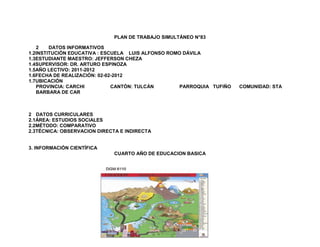 PLAN DE TRABAJO SIMULTÁNEO N°83

   2    DATOS INFORMATIVOS
1.2INSTITUCIÓN EDUCATIVA : ESCUELA LUIS ALFONSO ROMO DÁVILA
1.3ESTUDIANTE MAESTRO: JEFFERSON CHEZA
1.4SUPERVISOR: DR. ARTURO ESPINOZA
1.5AÑO LECTIVO: 2011-2012
1.6FECHA DE REALIZACIÓN: 02-02-2012
1.7UBICACIÓN
   PROVINCIA: CARCHI          CANTÓN: TULCÁN        PARROQUIA TUFIÑO   COMUNIDAD: STA
   BARBARA DE CAR



2 DATOS CURRICULARES
2.1ÁREA: ESTUDIOS SOCIALES
2.2MÉTODO: COMPARATIVO
2.3TÉCNICA: OBSERVACION DIRECTA E INDIRECTA


3. INFORMACIÓN CIENTÍFICA
                              CUARTO AÑO DE EDUCACION BASICA
 