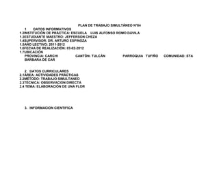 PLAN DE TRABAJO SIMULTÁNEO N°84
   1    DATOS INFORMATIVOS
1.2INSTITUCIÓN DE PRÁCTICA: ESCUELA LUIS ALFONSO ROMO DÁVILA
1.3ESTUDIANTE MAESTRO: JEFFERSON CHEZA
1.4SUPERVISOR: DR. ARTURO ESPINOZA
1.5AÑO LECTIVO: 2011-2012
1.6FECHA DE REALIZACIÓN: 03-02-2012
1.7UBICACIÓN
   PROVINCIA: CARCHI          CANTÓN: TULCÁN          PARROQUIA TUFIÑO   COMUNIDAD: STA
   BARBARA DE CAR


   2. DATOS CURRICULARES
2.1ÁREA: ACTIVIDADES PRÁCTICAS
2.2MÉTODO: TRABAJO SIMULTANEO
2.3TÉCNICA: OBSERVACION DIRECTA
2.4 TEMA: ELABORACIÓN DE UNA FLOR




  3. INFORMACION CIENTIFICA
 