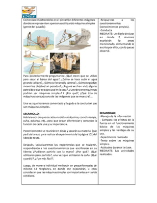 Comenzaré mostrándolesenel pintarrón diferentesimágenes
donde se representenapersonasutilizandomáquinassimples
(gente del pasado):
Para posteriormente preguntarles: ¿Qué creen que se utilizó
para sacar el barco del agua?, ¿Cómo se hace subir el agua
girandolallave?,¿Cómose levantólacarreta?,¿Cómose podían
mover los objetos tan pesados?, ¿Alguna vez han visto alguno
parecidooque seaparausoenlacasa?,¿Ustedescreenque esas
podrían ser máquinas simples? Y ¿Por qué?, ¿Qué tipo de
máquinas son cada una de las imágenes que se muestra?...
Una vez que hayamos comentado y llegado a la conclusión que
son máquinas simples.
DESARROLLO:
Hablaremosde que escadaunade lasmáquinas,comolarampa,
cuña, palanca, etc., para que sepan diferenciar y conozcan la
función de cada una y su importancia.
Posteriormente se reuniránen binas y sacarán su material (que
pedí de tarea),para realizarel experimentode lapágina102 del
libro de texto.
Después, socializaremos las experiencias que se tuvieron,
respondiendo a los cuestionamientos que escribieron en su
libreta: ¿Pudieron partirlo con la mano? ¿Por qué?, ¿Qué
utilizaron para partirlo?, una vez que utilizaron la cuña ¿Qué
sucedió?, ¿Fue más fácil?.
Luego, de manera individual me harán un pequeño escrito de
mínimo 13 renglones, en donde me expondrán, si ellos
consideranque lasmáquinassimplessonimportantesenlavida
cotidiana.
-Respuestas a los
cuestionamientos
(conocimientos previos).
-Conducta
MEDIANTE: Un diariode clase
en donde 2 alumnos
escribirán lo antes
mencionado, alimentando lo
escritoporellos,conloque yo
observé.
DESARROLLO:
-Manejo de la información
- Compara los efectos de la
fuerza en el funcionamiento
básico de las máquinas
simples y las ventajas de su
uso.
-Experimento realizado
-Texto sobre las máquinas
simples.
-Actitudes durante la clase.
MEDIANTE: Las actividades
realizadas.
 