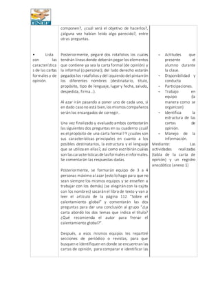 • Lista
con las
característica
s de las cartas
formales y de
opinión.
componen?, ¿cuál será el objetivo de hacerlos?,
¿alguna vez habían leído algo parecido?, entre
otras preguntas.
Posteriormente, pegaré dos rotafolios los cuales
tendrán líneasdonde deberán pegar los elementos
que contiene ya sea la carta formal (de opinión) y
la informal (o personal); del lado derecho estarán
pegados los rotafolios y del izquierdo del pintarrón
los diferentes nombres (destinatario, título,
propósito, tipo de lenguaje, lugar y fecha, saludo,
despedida, firma…).
Al azar irán pasando a poner uno de cada uno, si
en dado casono está bien,los mismos compañeros
serán los encargados de corregir.
Una vez finalizado y evaluado ambos contestarán
las siguientes dos preguntas en su cuaderno ¿cuál
es el propósito de una carta formal? Y ¿cuáles son
sus características principales en cuanto a los
posibles destinatarios, la estructura y el lenguaje
que se utiliza en ellas?, así como escribirán cuáles
son lascaracterísticasdelasformalese informales.
Se comentarán las respuestas dadas.
Posteriormente, se formarán equipo de 3 a 4
personas máximo al azar (esto lo hago para que no
sean siempre los mismos equipos y se enseñen a
trabajar con los demás) (se elegirán con la cajita
con los nombres) sacarán el libro de texto y van a
leer el artículo de la página 112 “Sobre el
calentamiento global” y comentarán las dos
preguntas para dar una conclusión al grupo “¿La
carta abordó los dos temas que indica el título?
¿Qué recomienda el autor para frenar el
calentamiento global?”.
Después, a esos mismos equipos les repartiré
secciones de periódico o revistas, para que
busquen e identifiquen en donde se encuentran las
cartas de opinión, para comparar e identificar las
- Actitudes que
presente el
alumno durante
la clase.
- Disponibilidad y
conducta
- Participaciones.
- Trabajo en
equipo (la
manera como se
organizan)
- Identifica la
estructura de las
cartas de
opinión.
- Manejo de la
información.
Mediante: Las
actividades realizadas
(tabla de la carta de
opinión) y un registro
anecdótico (anexo 1)
 