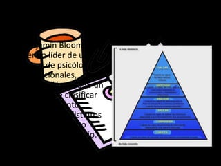 Objetivos.
• Benjamín Bloom,
  siendo líder de un
  grupo de psicólogos
  educacionales,
  desarrolló en 1956 un
  método de clasificar
  el pensamiento
  cognitivo en distintos
  niveles, cada uno
  basado en el previo.
 