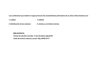 Las condiciones que existen en lugar provocan las características particulares de su clima. Estos factores son:

1.-Latitud                             2.-Altitud

3.-Distribución de los océanos         4.-vientos y corrientes marinas.




      BIBLIOGRAFIA:
      Textos de estudios sociales 5 año de básica pág.28-29
      Texto de entorno natural y social. Pág. 68-69-70-71
 