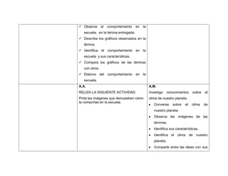  Observa       el   comportamiento   en   la
   escuela, en la lámina entregada.
 Describe los gráficos observados en la
   lámina.
 Identifica     el comportamiento    en   la
   escuela y sus características.
 Compara los gráficos de las láminas
   con otros.
 Elabora       del comportamiento    en   la
   escuela.
A.A.                                            A.M.
RELIZA LA SIGUIENTE ACTIVIDAD.                  Investiga     conocimientos   sobre   el
Pinta las imágenes que demuestren cómo          clima de nuestro planeta.
te comportas en la escuela.
                                                   Conversa      sobre   el   clima   de
                                                   nuestro planeta.
                                                   Observa las imágenes de las
                                                   láminas.
                                                   Identifica sus características.
                                                   Identifica el clima de nuestro
                                                   planeta.
                                                   Comparte entre las ideas con sus
 