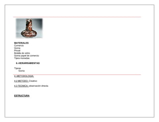 MATERIALES
Comercio
Goma
Pincel
Botella de vidrio
Goma papel de comercio
Tijera monedas

 6.-HERARRAMIENTAS

Tijeras
     Goma

4.-METODOLOGIA:

4.2 METODO: Creativo

4.3 TECNICA: observación directa.



ESTRUCTURA
 