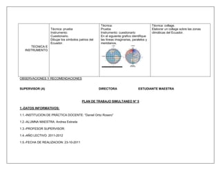 Técnica:                              Técnica: collage.
                   Técnica: prueba                     Prueba                                Elaborar un collage sobre las zonas
                   Instrumento:                        Instrumento: cuestionario             climáticas del Ecuador.
                   Cuestionario.                       En el siguiente grafico identifique
                   Dibujar los símbolos patrios del    las líneas imaginarias, paralelos y
                   Ecuador.                            meridianos.
       TECNICA E
   INSTRUMENTO




OBSERVACIONES Y RECOMENDACIONES


SUPERVISOR (A)                                        DIRECTORA                    ESTUDIANTE MAESTRA



                                          PLAN DE TRABAJO SIMULTANEO N° 5

1.-DATOS INFORMATIVOS:

1.1.-INSTITUCION DE PRÁCTICA DOCENTE: “Daniel Ortiz Rosero”

1.2.-ALUMNA MAESTRA: Andrea Estrada

1.3.-PROFESOR SUPERVISOR:

1.4.-AÑO LECTIVO: 2011-2012

1.5.-FECHA DE REALIZACION: 23-10-2011
 