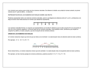 Los números que usamos para contar son los números naturales. Se obtienen al añadir una unidad al número anterior; el primer
número es el 1, pero el último... no tiene fin.

REPRESENTACIÓN DE LOS NÚMEROS NATURALES SOBRE UNA RECTA

Podemos representar sobre una recta los números naturales, para lo cual elegimos la distancia entre el 1 y el 2, y la llevamos a lo
largo de dicha recta hasta alcanzar el número que deseemos representar.




Los números naturales forman un conjunto que representamos con la letra N. Observa que en este conjunto N no se encuentra el
cero (0) ni los números negativos: no forman parte de los números naturales. Para poderlos incluir, tendremos que ampliar el
conjunto N y definir un nuevo conjunto, que es el conjunto de los números enteros.

ORDEN DE LOS NÚMEROS NATURALES

Un número natural es mayor que otro (lo que se indica con el símbolo >) si está situado más a la derecha sobre la recta numérica.

Por ejemplo, 5 > 3, 12 > 7 y 15 > 11:




De la misma forma, un número natural es menor que otro (símbolo <) si está situado más a la izquierda sobre la recta numérica.

Por ejemplo, con las mismas parejas de números anteriores, podemos escribir 3 < 5; 7 < 12 y 11 < 15:
 